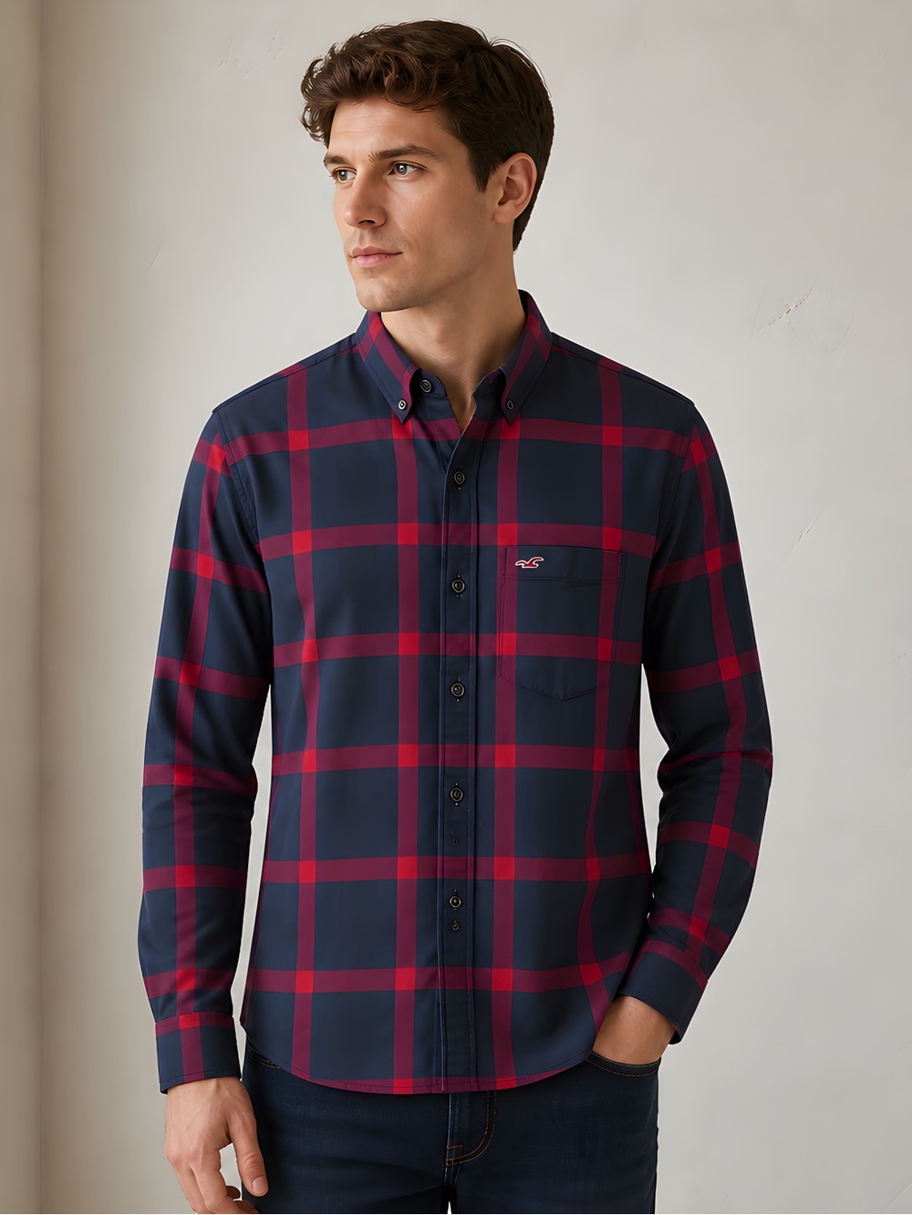 Hollister Co. Boy’s Slim Fit Red & Navy Plaid Long Sleeve Shirt
